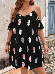 SHEIN VCAY Plus Feather Print Cold Shoulder Ruffle Trim Dress - Multicolor - View 4