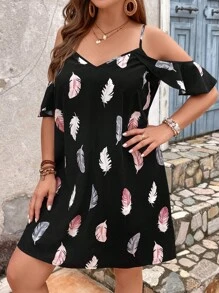 SHEIN VCAY Plus Feather Print Cold Shoulder Ruffle Trim Dress - Multicolor - View 5