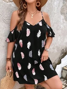 SHEIN VCAY Plus Feather Print Cold Shoulder Ruffle Trim Dress - Multicolor - View 6