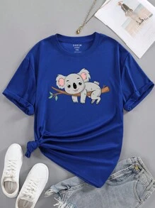 SHEIN LUNE 大碼考拉印花T恤 - 寶藍色 - 查看 1