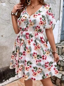 SHEIN VCAY فستان بطباعة استوائية اكمام جناح الخفاش مقاس كبير - متعدد الألوان - مشاهدة 4