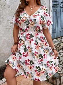 SHEIN VCAY فستان بطباعة استوائية اكمام جناح الخفاش مقاس كبير - متعدد الألوان - مشاهدة 5