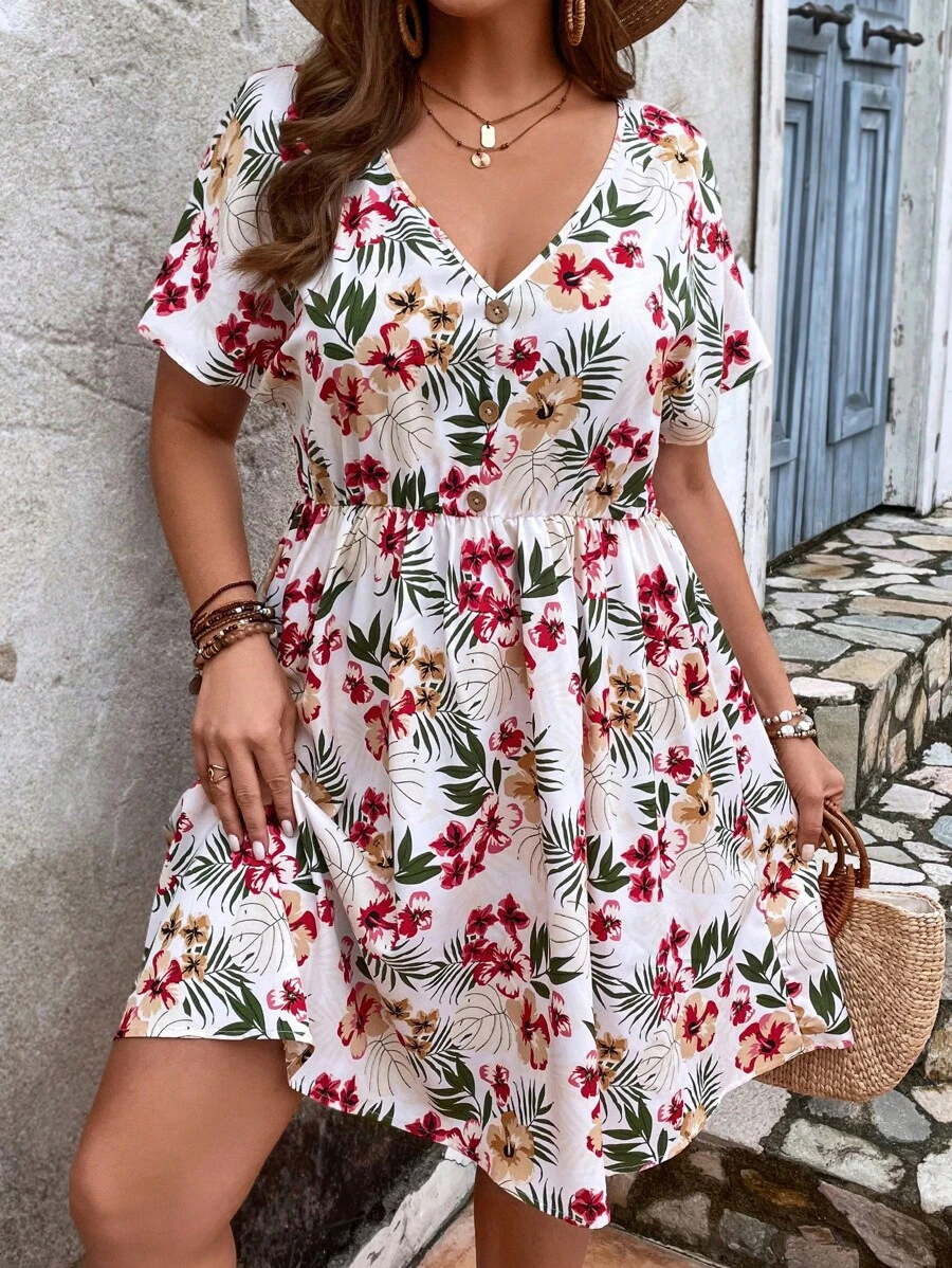 SHEIN VCAY فستان بطباعة استوائية اكمام جناح الخفاش مقاس كبير - متعدد الألوان - مشاهدة 1