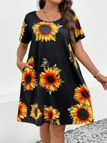 SHEIN LUNE Vestido estilo camiseta con estampado de girasol con bolsillo oculto - Negro - Ver 1