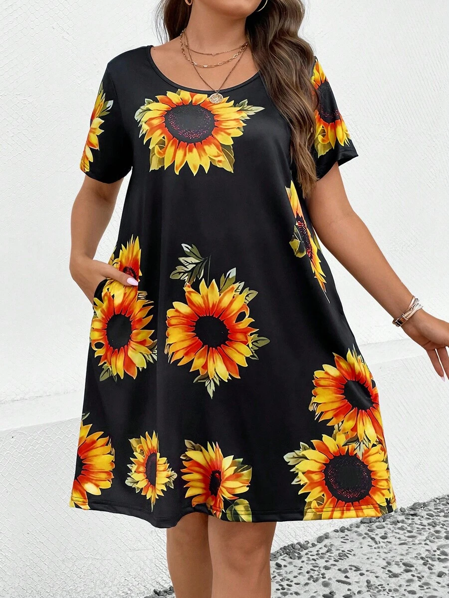 SHEIN LUNE Vestido estilo camiseta con estampado de girasol con bolsillo oculto - Negro - Ver 1