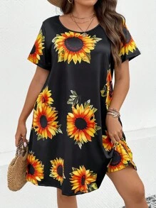 SHEIN LUNE Vestido estilo camiseta con estampado de girasol con bolsillo oculto - Negro - Ver 4