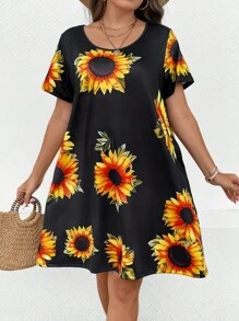 SHEIN LUNE Vestido estilo camiseta con estampado de girasol con bolsillo oculto - Negro - Ver 5
