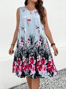SHEIN LUNE Plus Tropical Print Tank Dress - Multicolor - View 1
