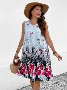 SHEIN LUNE Plus Tropical Print Tank Dress - Multicolor - View 5