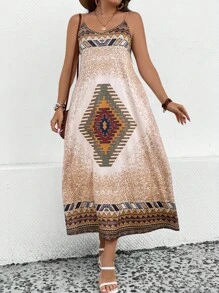 SHEIN LUNE Vestido de tirantes con estampado geométrico - Caqui - Ver 1