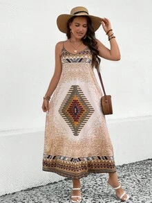 SHEIN LUNE Vestido de tirantes con estampado geométrico - Caqui - Ver 3