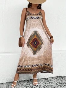 SHEIN LUNE Vestido de tirantes con estampado geométrico - Caqui - Ver 5