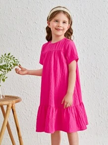 SHEIN Vestido casual de línea A suelto con mangas cortas para niña joven con dobladillo de volantes y longitud por encima de la rodilla - Rosa Fucsia - Ver 5
