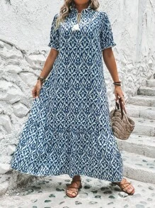 SHEIN LUNE Plus Allover Print Flounce Sleeve Ruffle Hem Smock Dress - Teal Blue - View 5