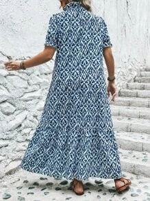 SHEIN LUNE Plus Allover Print Flounce Sleeve Ruffle Hem Smock Dress - Teal Blue - View 2