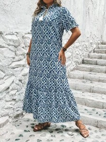 SHEIN LUNE Plus Allover Print Flounce Sleeve Ruffle Hem Smock Dress - Teal Blue - View 3