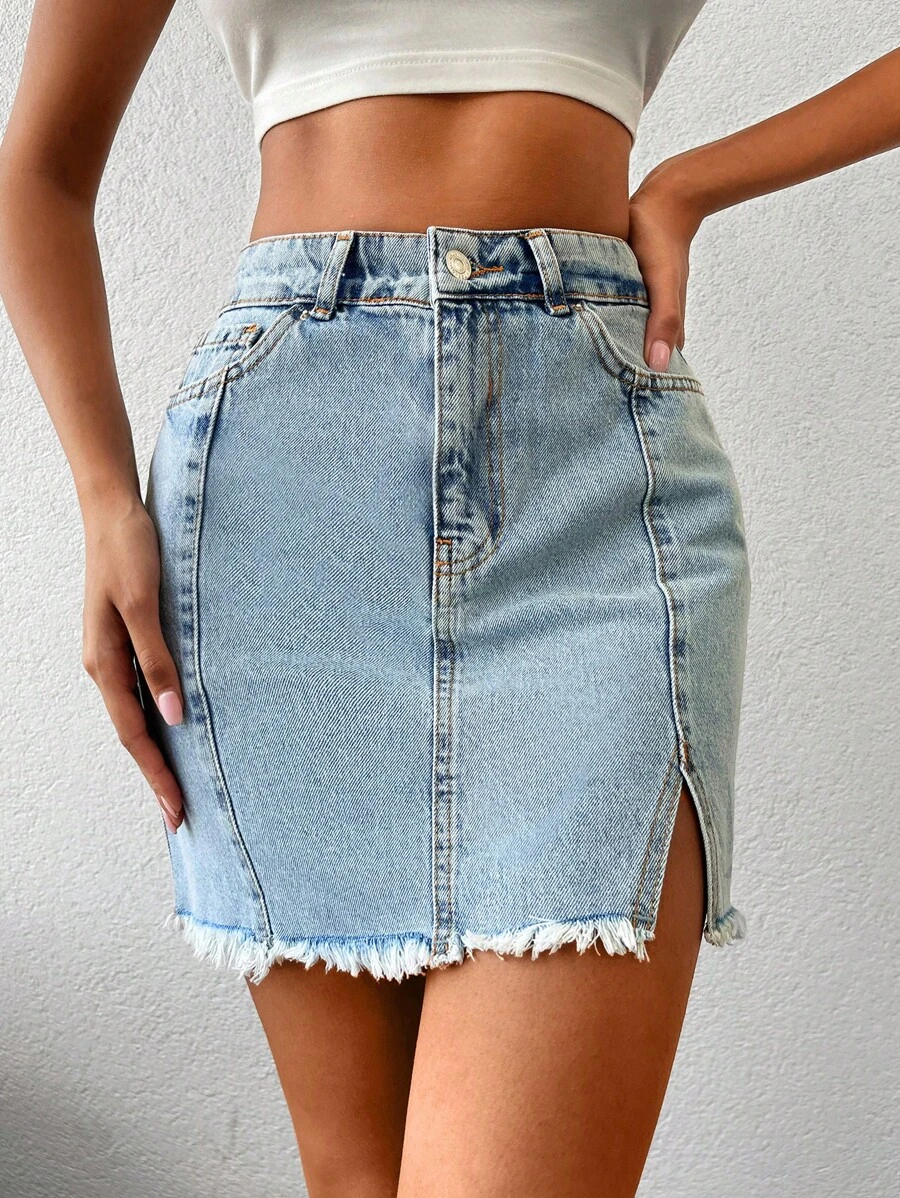 RueChic Split Raw Hem Denim Skirt - Rửa nhẹ - Xem 1