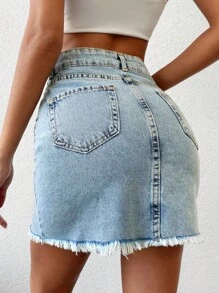 RueChic Split Raw Hem Denim Skirt - Rửa nhẹ - Xem 2