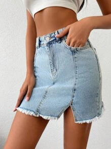 RueChic Split Raw Hem Denim Skirt - Rửa nhẹ - Xem 3