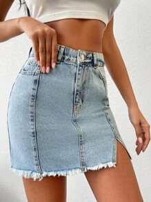 RueChic Split Raw Hem Denim Skirt - Rửa nhẹ - Xem 4
