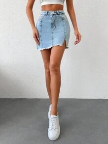 RueChic Split Raw Hem Denim Skirt - Rửa nhẹ - Xem 5