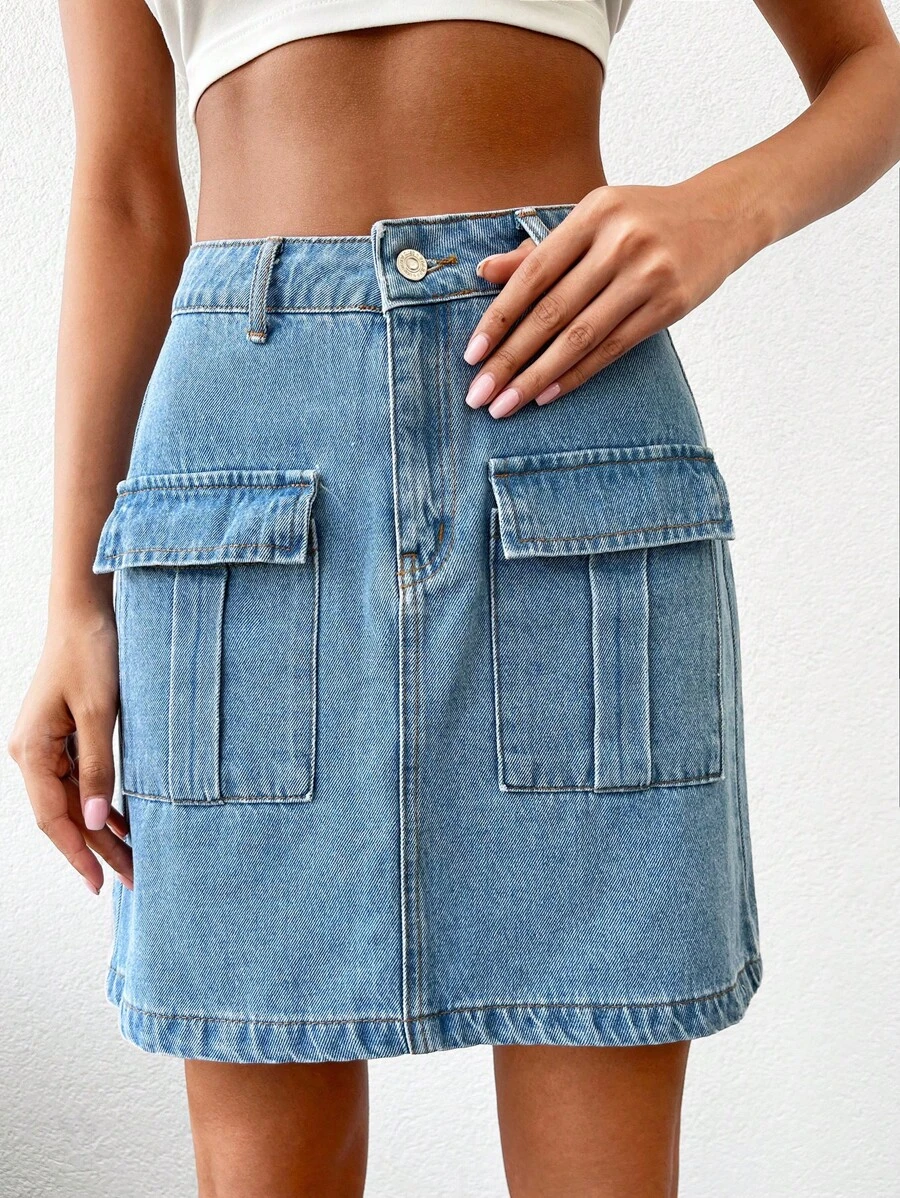 Flap Pocket Denim Skirt - Light Wash - View 1