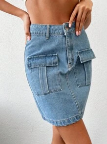 Flap Pocket Denim Skirt - Light Wash - View 3