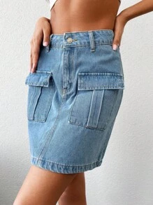 Flap Pocket Denim Skirt - Light Wash - View 5