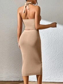 SHEIN Privé Ladies áo len váy Lộ Lưng Cắt ra Buộc lại màu trơn Gợi cảm - Màu Khaki - Xem 3