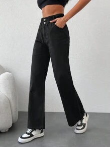 RueChic Solid Paperbag Waist Jeans - Black - View 3