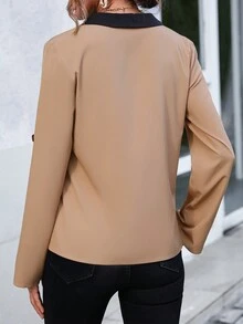 SHEIN Clasi Áo sơ mi nữ Nút Khối Màu Giải trí - Màu Khaki - Xem 2