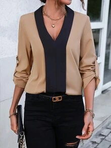 SHEIN Clasi Áo sơ mi nữ Nút Khối Màu Giải trí - Màu Khaki - Xem 3