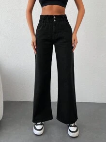 RueChic Solid Paperbag Waist Jeans - Black - View 4