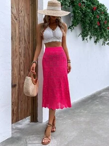 Knit Mix Solid Pointelle Knit Skirt - Hot Pink - View 1