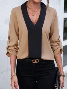 SHEIN Clasi Áo sơ mi nữ Nút Khối Màu Giải trí - Màu Khaki - Xem 5