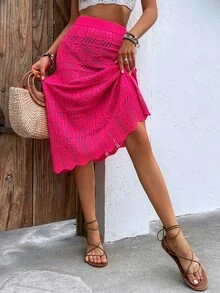 Knit Mix Solid Pointelle Knit Skirt - Hot Pink - View 3