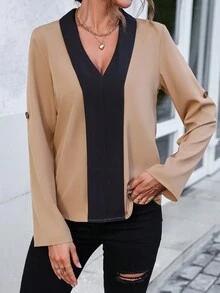 SHEIN Clasi Áo sơ mi nữ Nút Khối Màu Giải trí - Màu Khaki - Xem 6