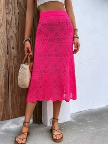 Knit Mix Solid Pointelle Knit Skirt - Hot Pink - View 5