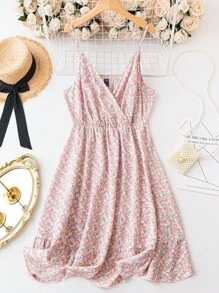 Sunnyshic Vestido de tirantes con estampado floral bajo con fruncido - Rosa - Ver 1