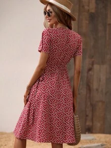 Breezaya Ditsy Floral Print Knot Side Wrap Dress - Burgundy - View 2