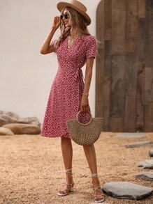 Breezaya Ditsy Floral Print Knot Side Wrap Dress - Burgundy - View 5