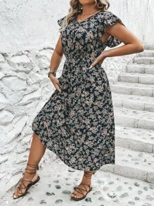 SHEIN LUNE 大碼印花蝴蝶袖洋裝不附腰帶 - 藏蓝色 - 查看 3