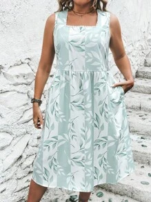 SHEIN LUNE Plus Plants Print Square Neck Dress - Multicolor - View 1