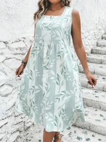 SHEIN LUNE Plus Plants Print Square Neck Dress - Multicolor - View 6