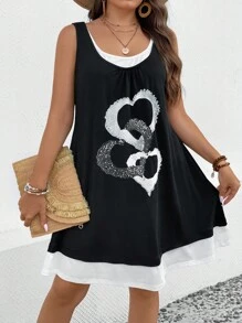 SHEIN LUNE Plus Heart Print 2 In 1 Tank Dress - Black and White - View 1