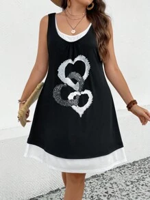 SHEIN LUNE Plus Heart Print 2 In 1 Tank Dress - Black and White - View 4