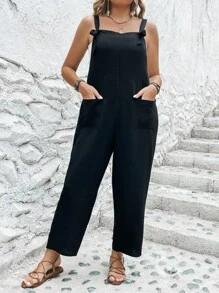 SHEIN LUNE 大碼雙口袋背帶連身褲不附抹胸 - 黑色 - 查看 4