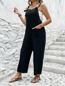 SHEIN LUNE 大碼雙口袋背帶連身褲不附抹胸 - 黑色 - 查看 3