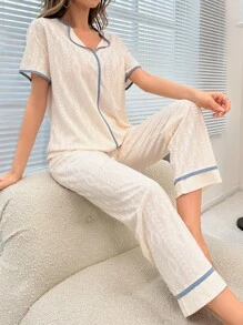 Contrast Binding Lounge Set - Apricot - View 1