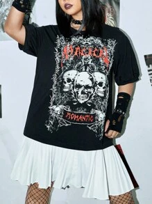 ROMWE PUNK 大碼骷髏頭和字母圖案落肩袖荷葉邊連衣裙 - 黑色 - 查看 1